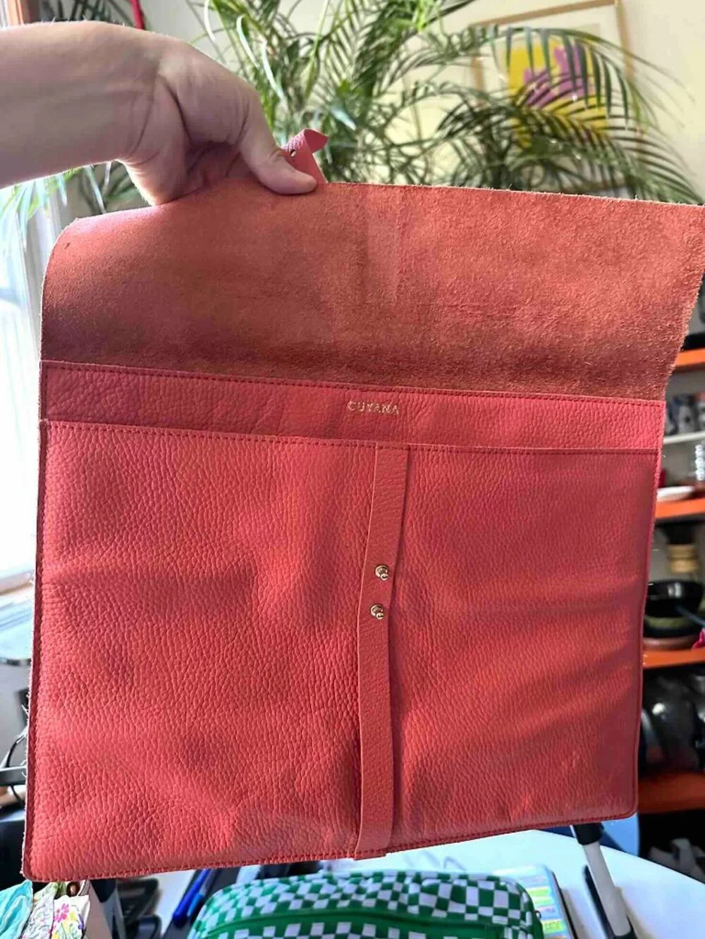 Beautiful CUYANA pebbled leather Laptop Document Flap Sleeve gold hardware Coral